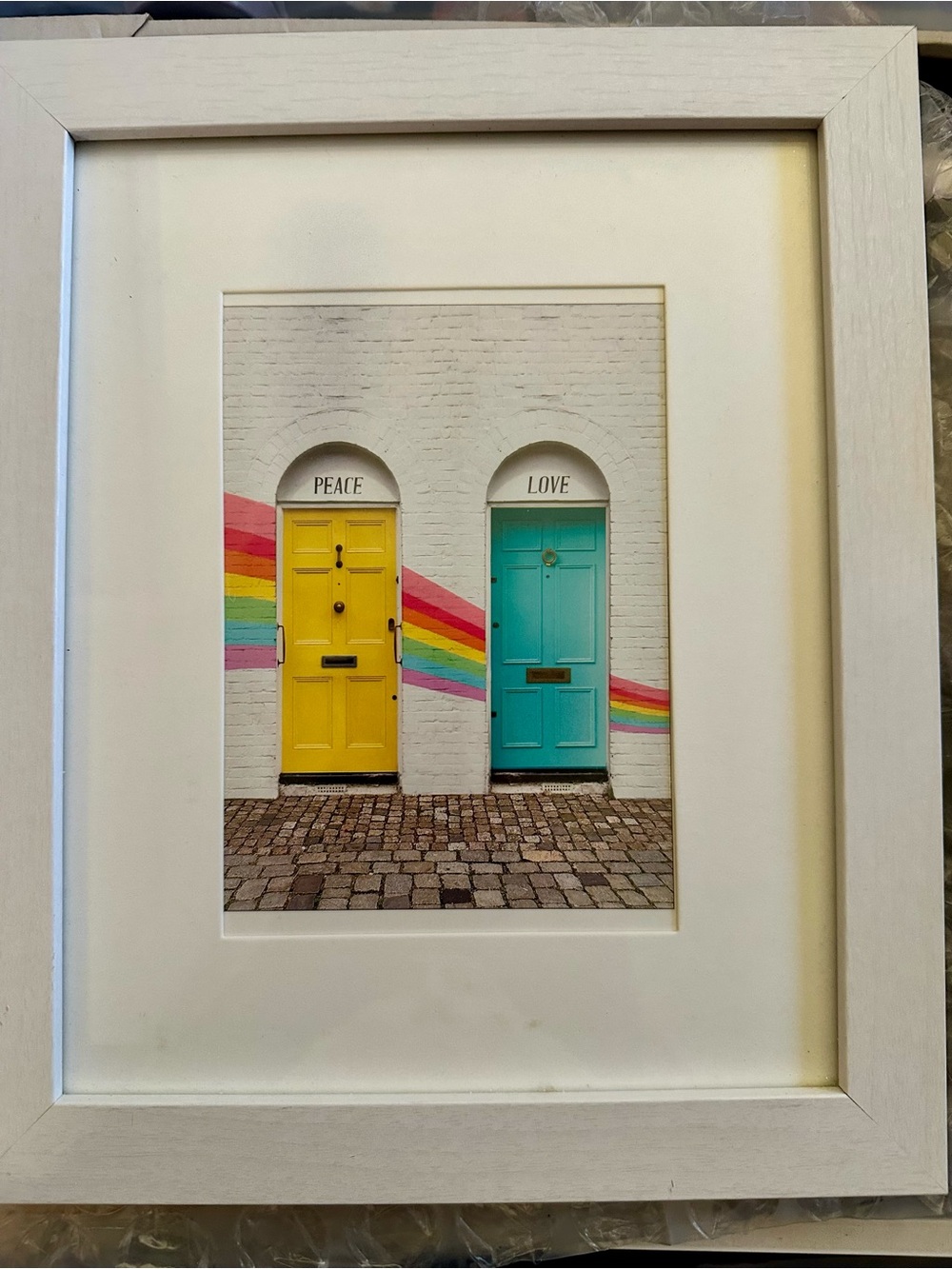 Wood Framed Wall Art - Yellow & Teal Doors with Rainbow Accent